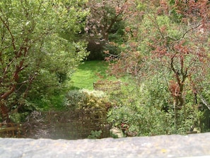 Un giardino con una panchina in legno, vegetazione rigogliosa e un piccolo stagno.