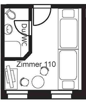 Un plan d’étage d’une chambre d’hôtel comprenant un coin cuisine, une salle de bain et une grande fenêtre.