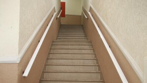 A carpeted staircase with white handrails, leading to a door at the top. - Hotel Jurubatuba (São Bernardo do Campo)