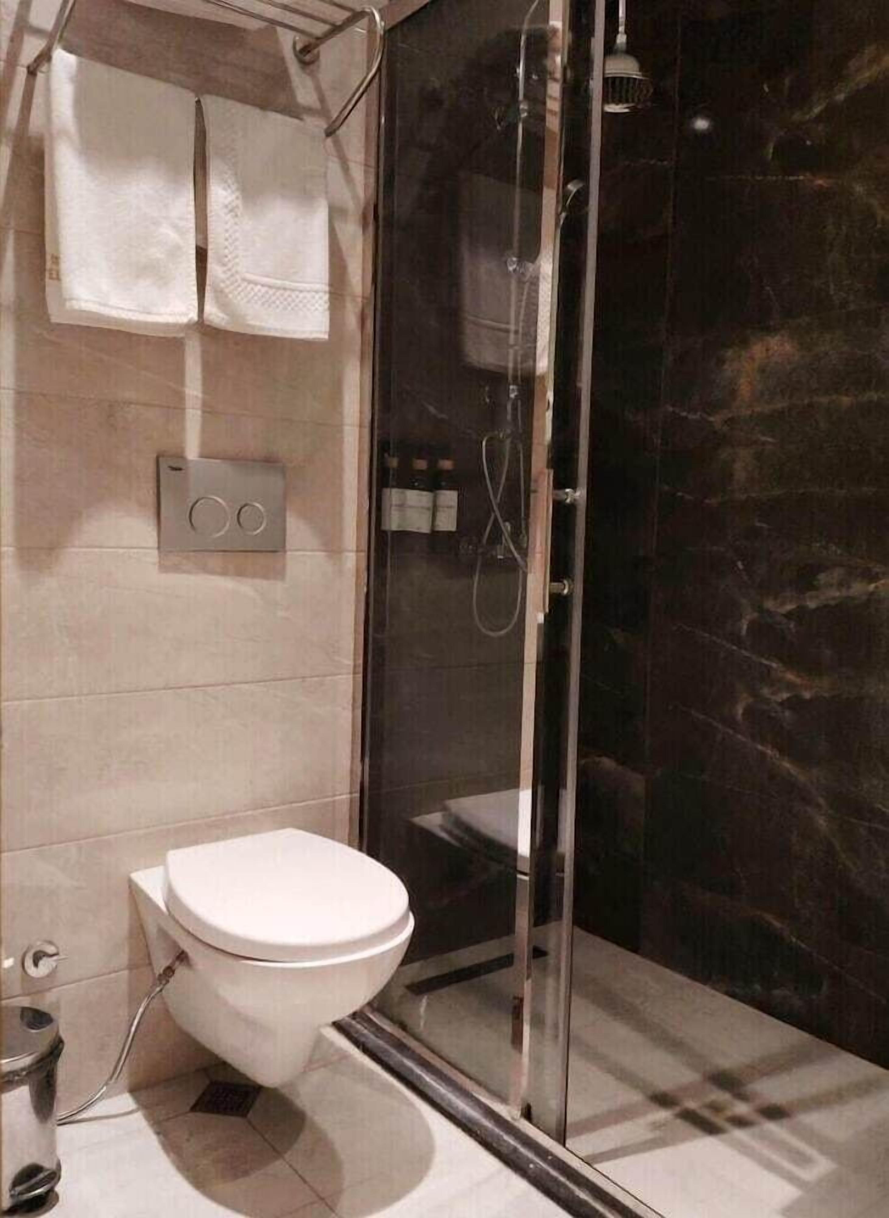 A modern bathroom with a toilet, a shower enclosure, and a towel rack.