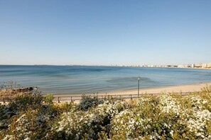 A coastal view with a sandy beach, a clear blue sky, and a distant shoreline with buildings. - Alua Sunny Beach Resort & Spa (Nessebar)