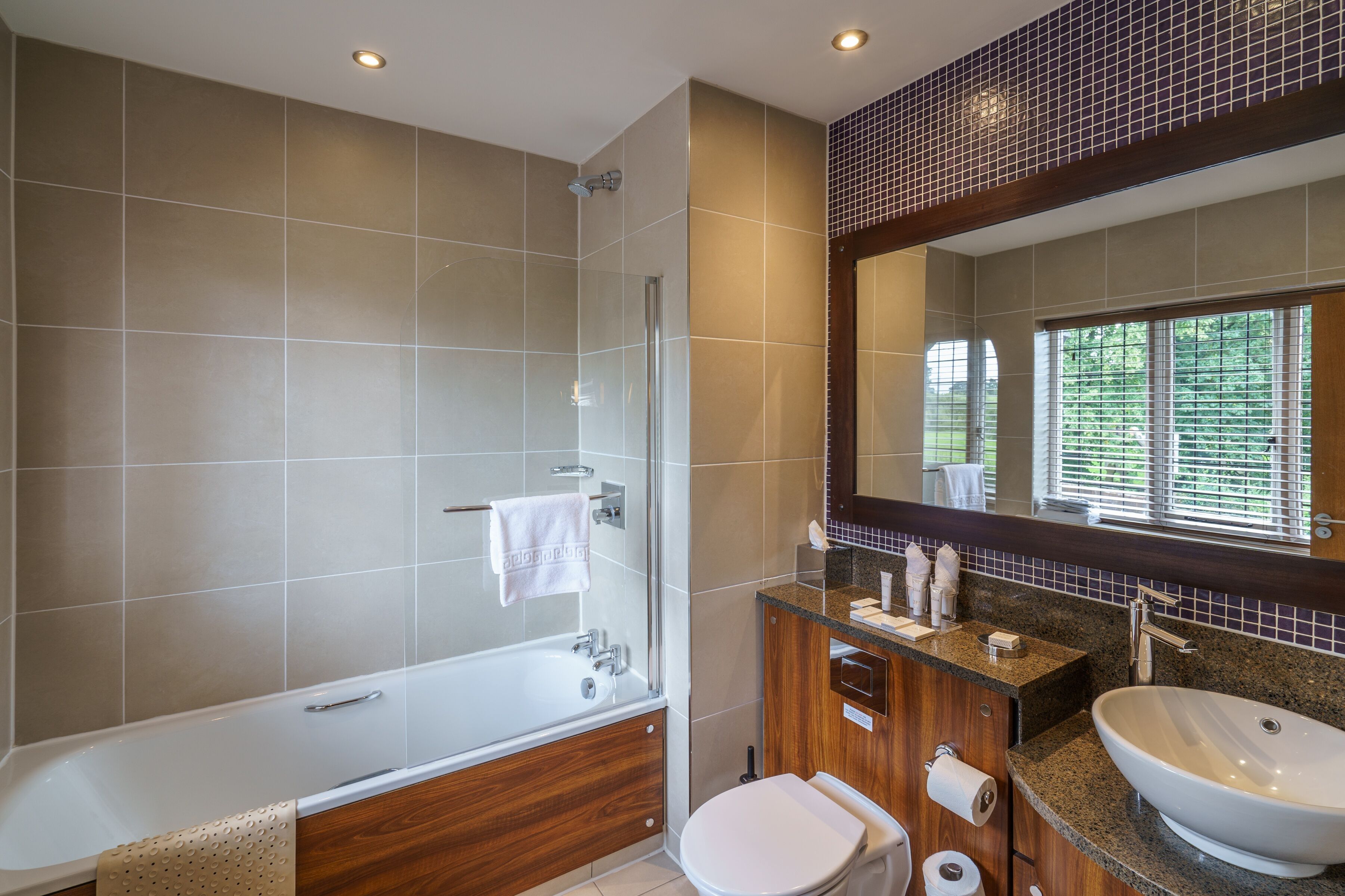 A modern bathroom with a bathtub, shower, toilet, vanity with a sink, and a large mirror.