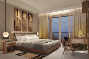 Una camera da letto moderna con un letto grande, comodini, una scrivania e vista sull'esterno.