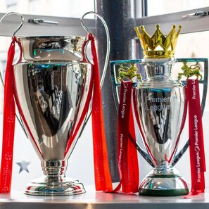 Two trophies with red ribbons and a golden crown on top, labeled 'Premier League.' - The ARC Hotel (Liverpool)