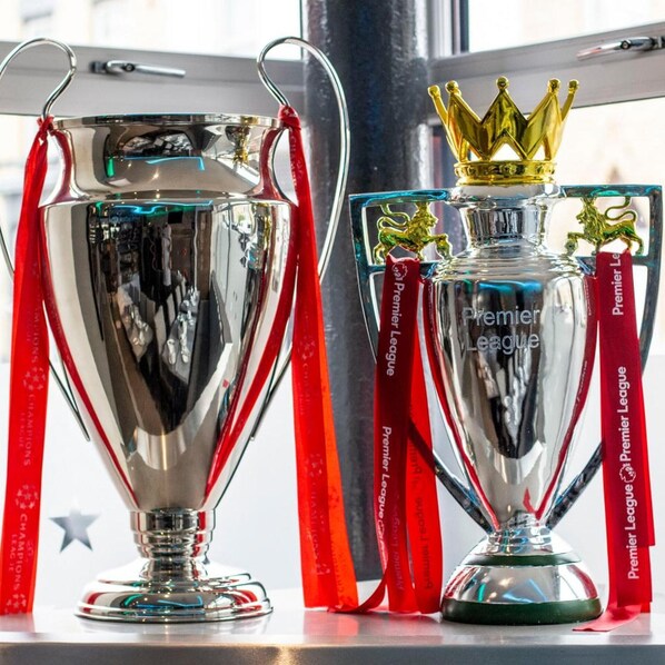 Two trophies with red ribbons and a golden crown on top, labeled 'Premier League.' - The Arc Hotel (Liverpool)