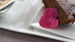 A slice of dark chocolate cake on a white plate with a pink flower, and a magazine with 'organic' visible. - De Dames Van De Jonge Hotel Restaurant (Giethoorn)