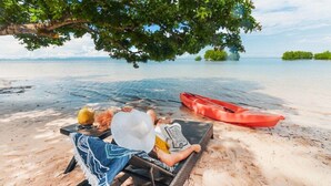 Eine Strandansicht mit einer Person, die auf einer Liege unter einem Baum entspannt, einem roten Kajak und freiem Blick auf das Wasser.