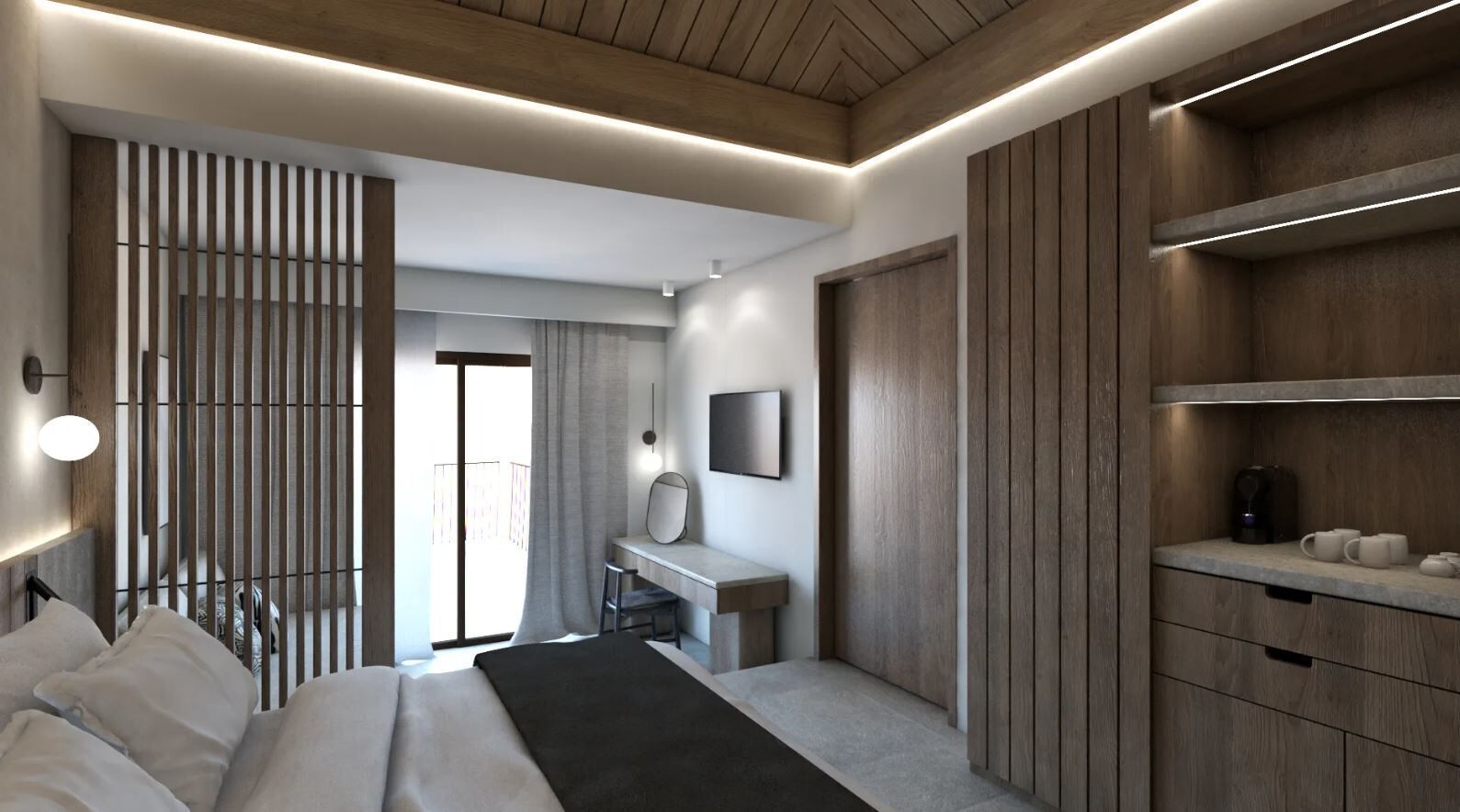 Un dormitorio moderno con cama, escritorio y armario.