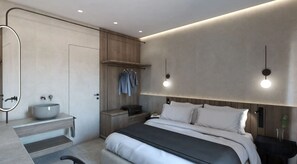 A modern bedroom with a large bed, bedside tables, a built-in bench, a wall-mounted vanity, and a large mirror. - Elios Hill (Hersonissos)