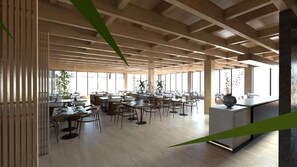A spacious dining area with high ceilings, wooden beams, and large windows allowing natural light. Tables are set with chairs, and there are decorative plants and a vase on the counter.