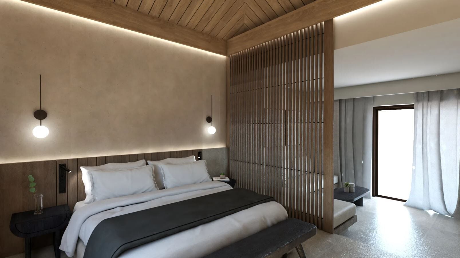 Un dormitorio moderno con una cama grande, mesitas de noche, un separador de madera y vistas al exterior.