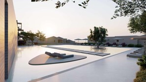 A modern resort with a swimming pool, lounge chairs, and a landscaped garden. - Elios Hill (Hersonissos)