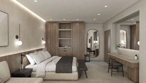 A modern bedroom with a bed, bedside table, bench, vanity with mirror, and built-in shelving. - Elios Hill (Hersonissos)