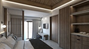 Une chambre à coucher moderne avec un lit, un bureau et une armoire.
