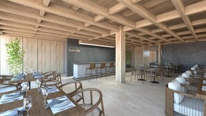 A restaurant with wooden beams, a sushi bar, and multiple dining tables. - Elios Hill (Hersonissos)