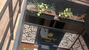 Un espacio habitable compacto con un conjunto de sofás, un televisor de pantalla plana, plantas decorativas y una alfombra estampada.
