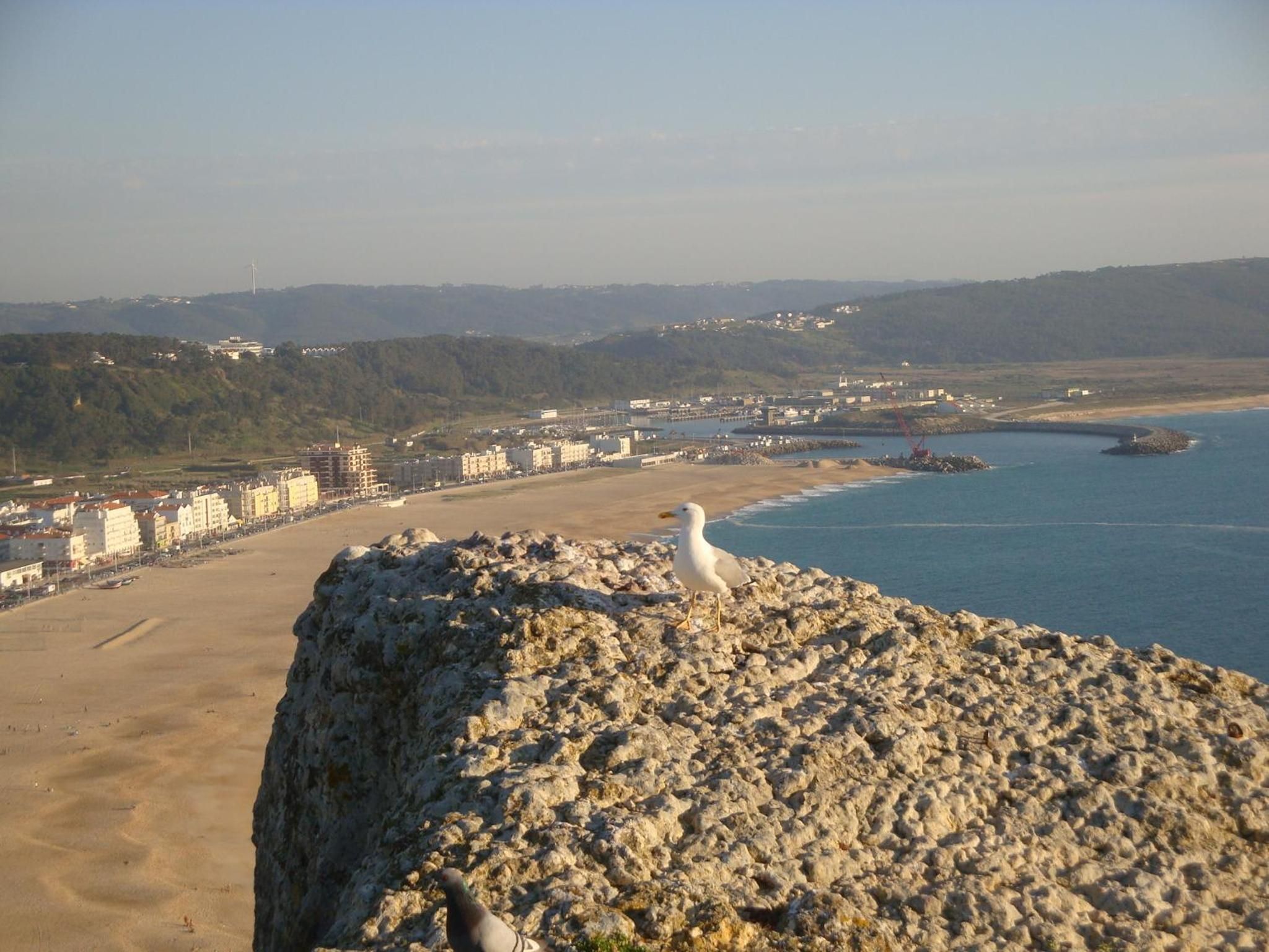 Eine Küstenlandschaft mit einem Felsen, einem Sandstrand und einer Stadt im Hintergrund.