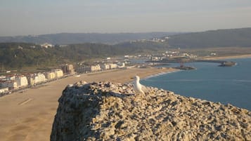 Eine Küstenlandschaft mit einem Felsen, einem Sandstrand und einer Stadt im Hintergrund.