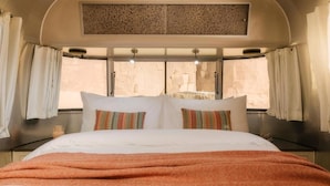 Un dormitorio con una cama grande, dos ventanas y un techo con un panel decorativo.