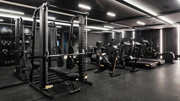 Un gimnasio con diversos equipos de ejercicio, incluyendo máquinas de pesas, cintas de correr y una estructura para sentadillas.