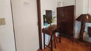 Un pasillo con puerta de madera, una pequeña mesa con una planta, un armario y una lámpara.
