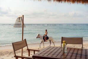 A beach scene with a table and chairs, a horse, and a person riding the horse. - Cocana Resort (Gili Trawangan)