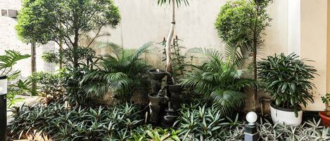 Un jardín con diversas plantas y una pequeña fuente.