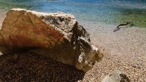 A rocky shoreline with clear water, boats, and a sailboat in the distance. - Apparthotel T3 Epicservices Saint-charles (Marseille)