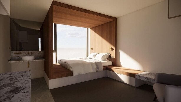 A modern bedroom with a large window, a built-in bed, a bedside table, and a bathroom with a sink and mirror. - Garde Hotel (Perth)