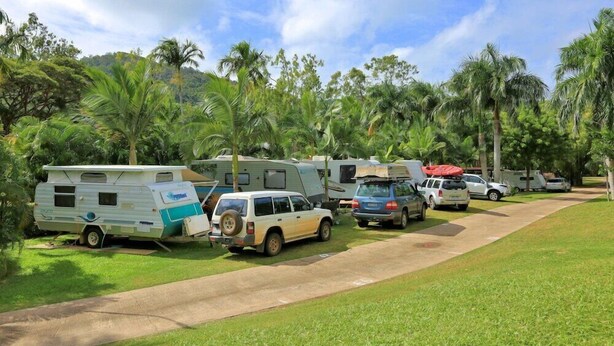 Ein Campingplatz mit Reisemobilen und Autos auf einer Rasenfläche, umgeben von Palmen und einem Berg im Hintergrund.