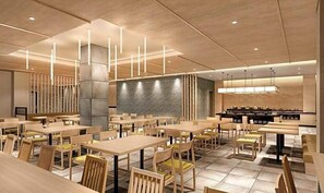 A modern restaurant with wooden tables and chairs, a stone wall, and pendant lighting. - Kyoto Plaza Hotel Kintetsu Jujo (Kyoto)