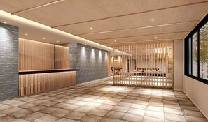 A reception area with a check-in counter, seating area, and a view through a window. - Kyoto Plaza Hotel Kintetsu Jujo (Kyoto)
