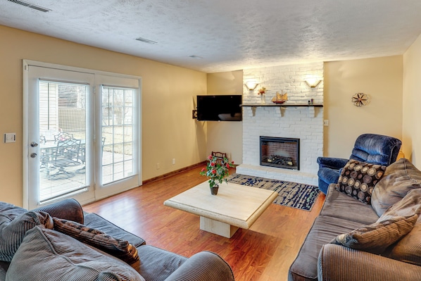 TV, fireplace, books