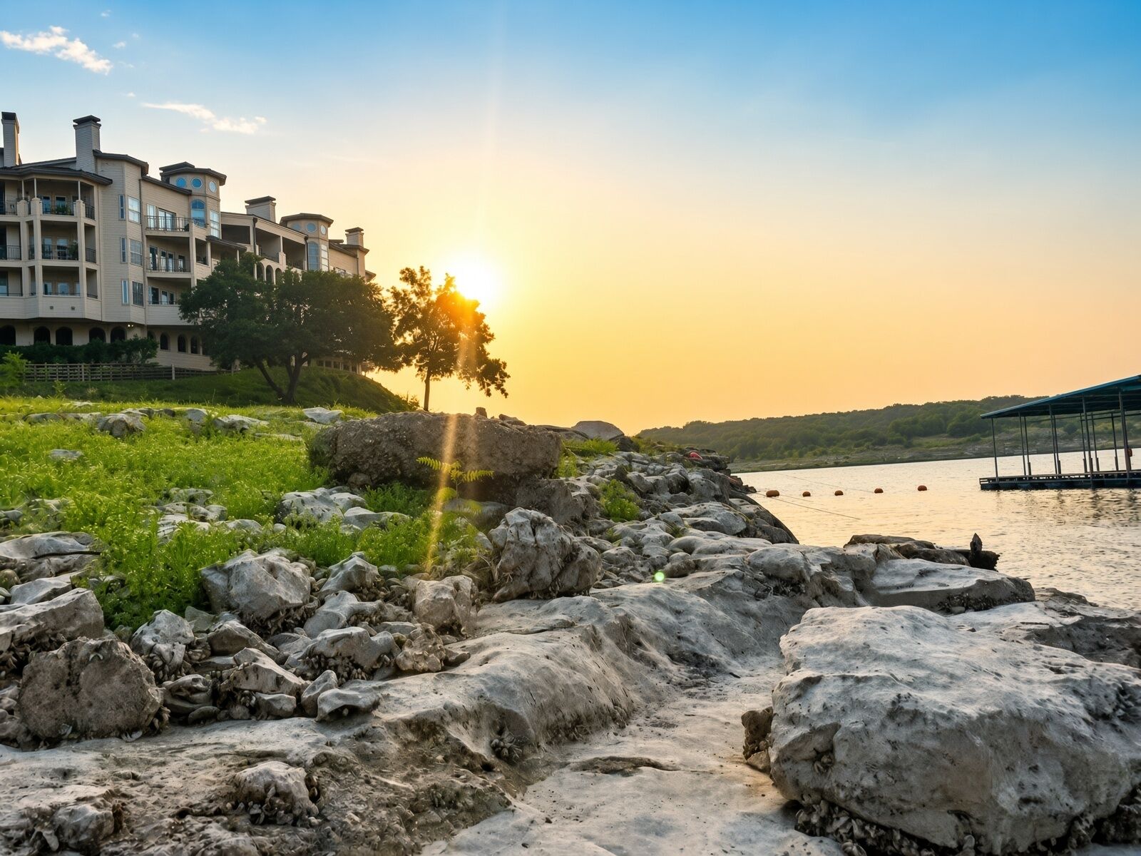 A riverside view with a sunset, rocky terrain, and a building with balconies.