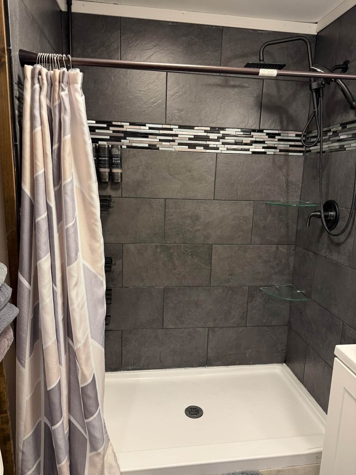 Shower, towels, toilet paper