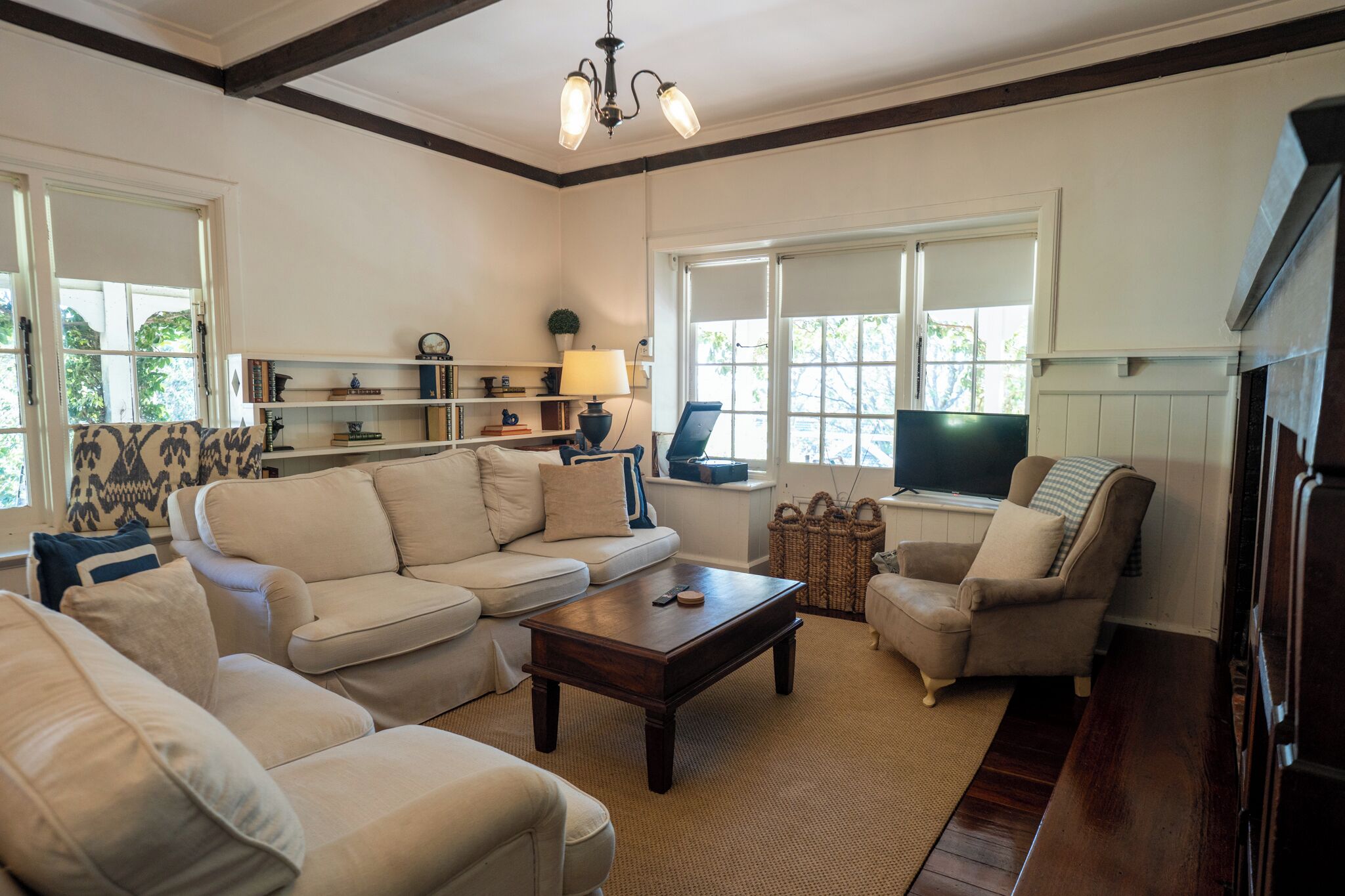 Smart TV, fireplace, books, stereo