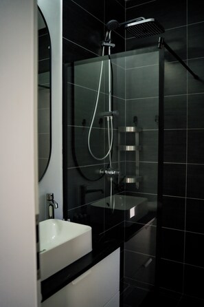 Shower, hair dryer, towels, soap