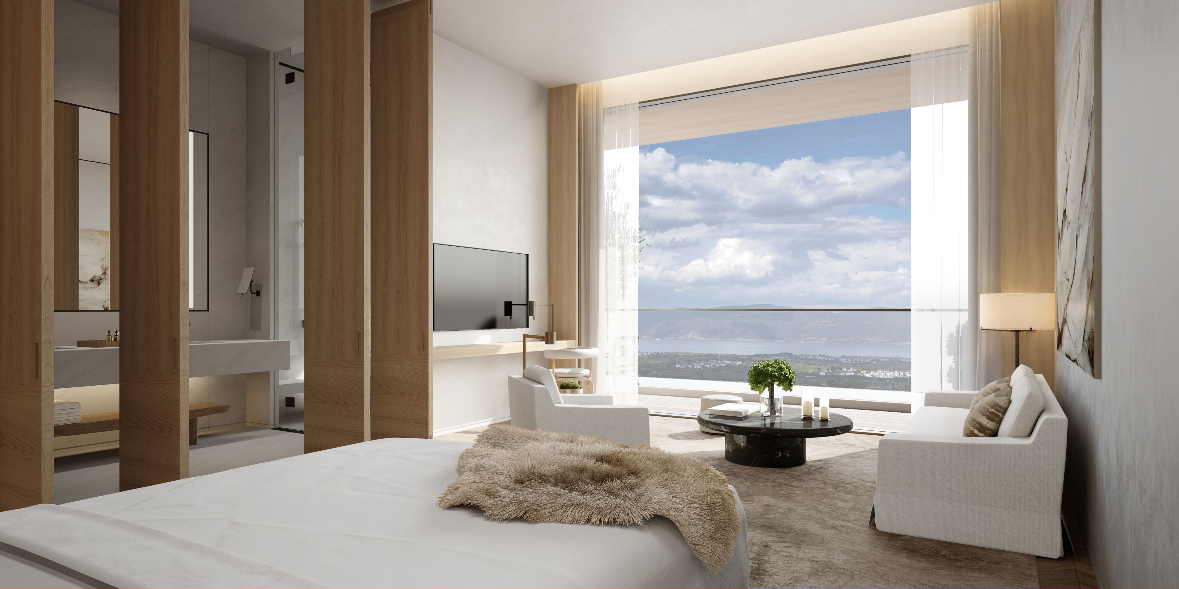 Chambre, 1 très grand lit, vue lac | Vue de la chambre