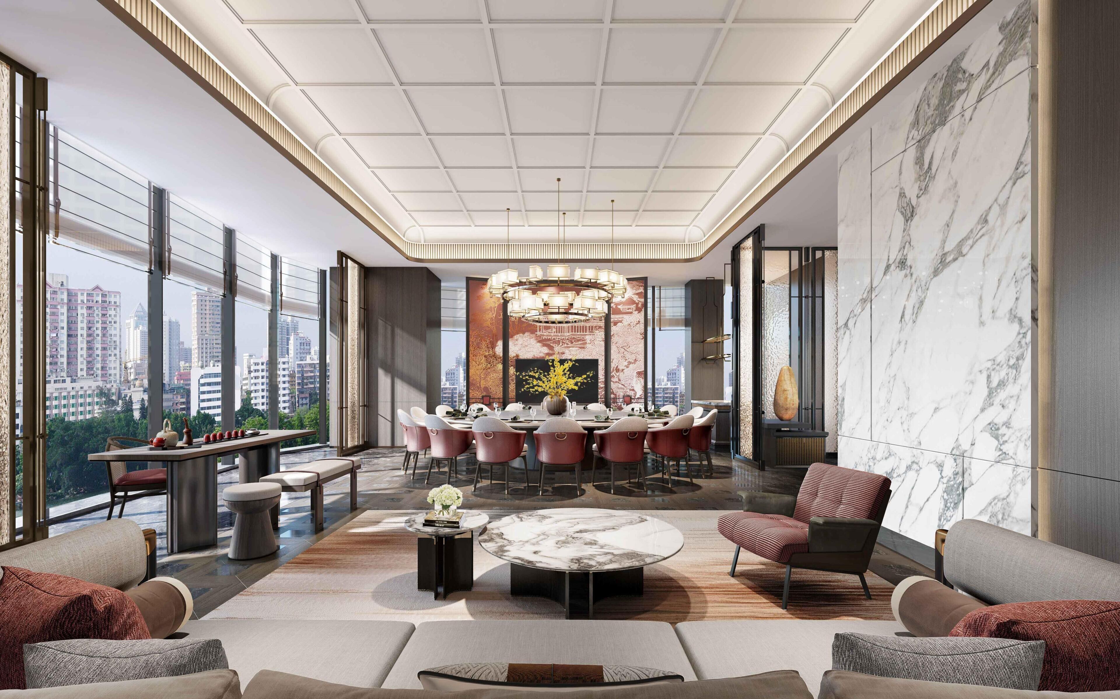 Een moderne hotellobby met een eetgedeelte, zithoeken en grote ramen met uitzicht op de stad.