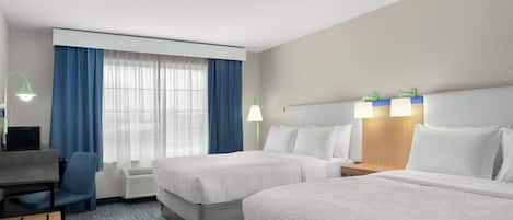 Down comforters, desk, laptop workspace, blackout drapes