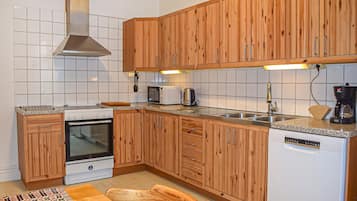 Fridge, stovetop, dishwasher, coffee/tea maker