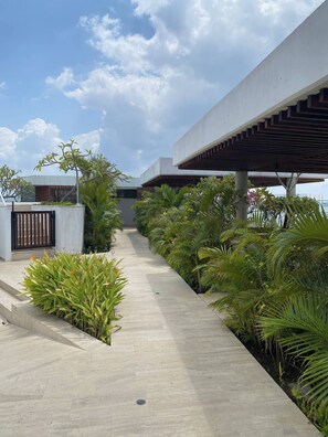 A modern outdoor pathway with a concrete surface, flanked by lush green plants and a wooden pergola structure. - Cartagena Cielo Mar Apartment Steps from the Beach (La Boquilla)
