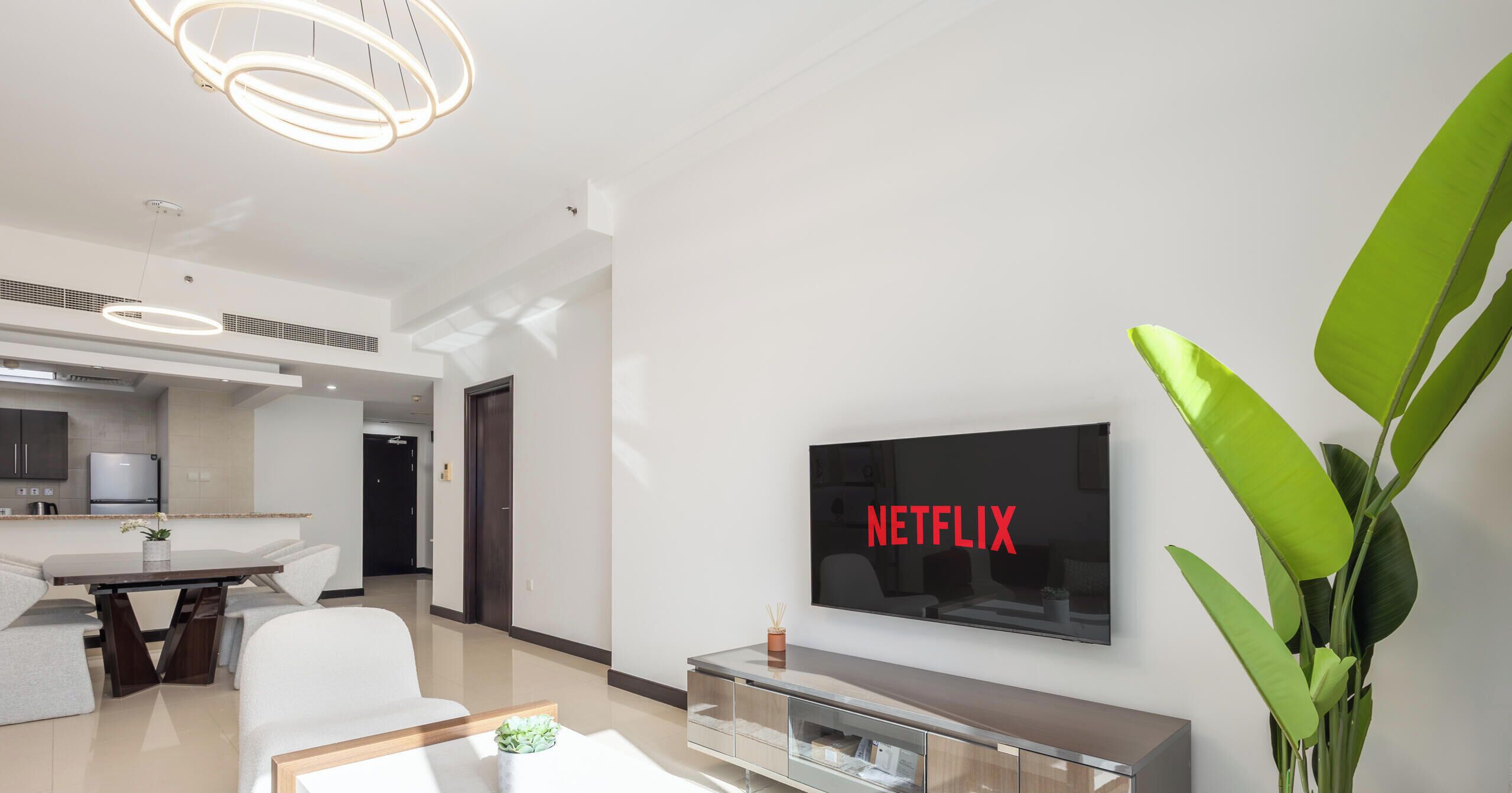 A modern living room with a flat-screen TV displaying "NETFLIX," a dining area with a kitchen in the background, and a large green plant.