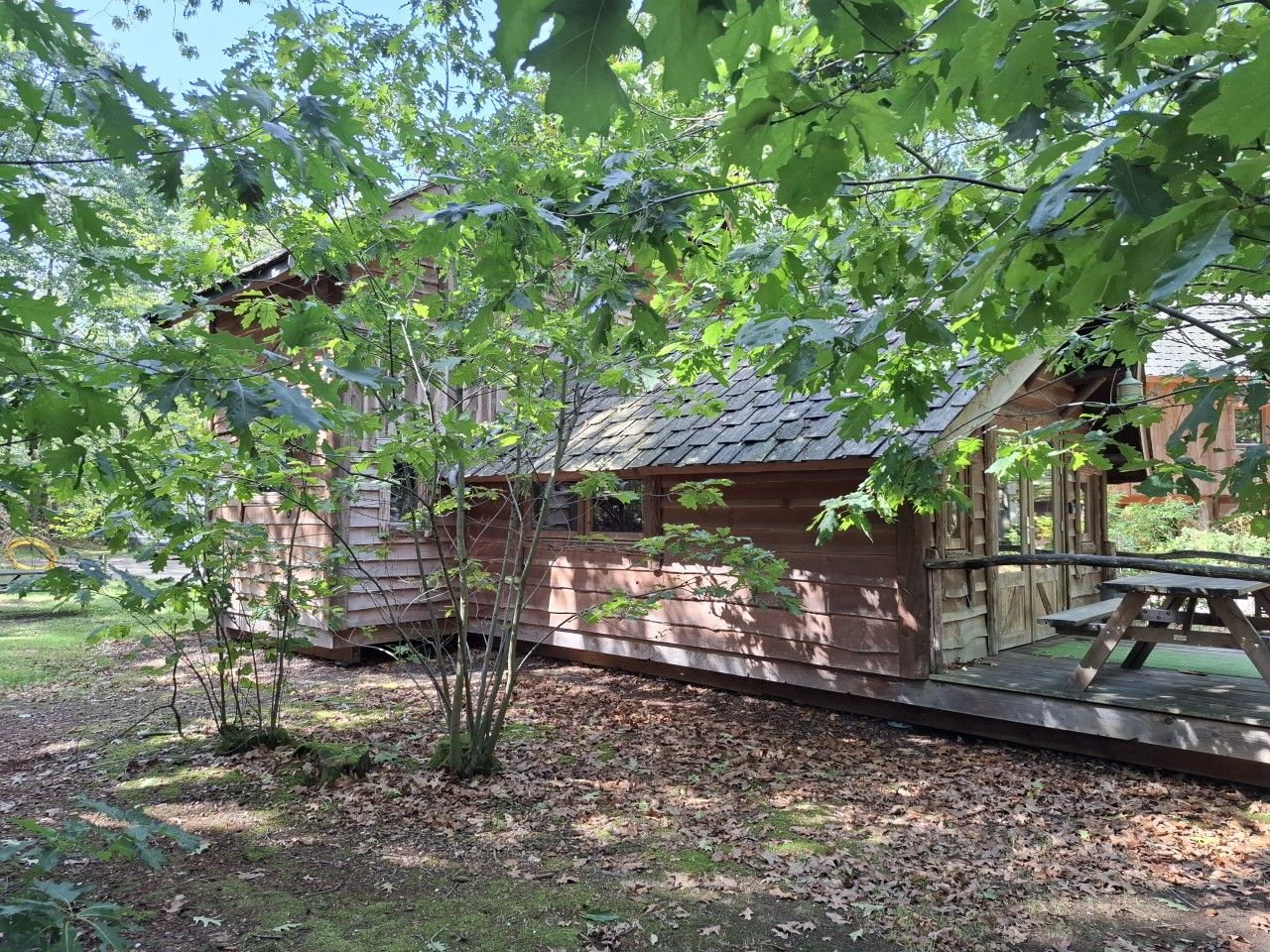 A wooden cabin with a porch, surrounded by trees and a picnic table.