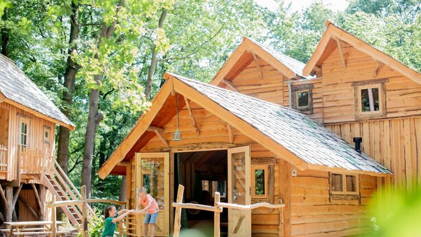 A wooden cabin with a porch and a small deck, surrounded by trees. - Boshuis Dorus met sauna | park d`n Mastendol (Rijen)