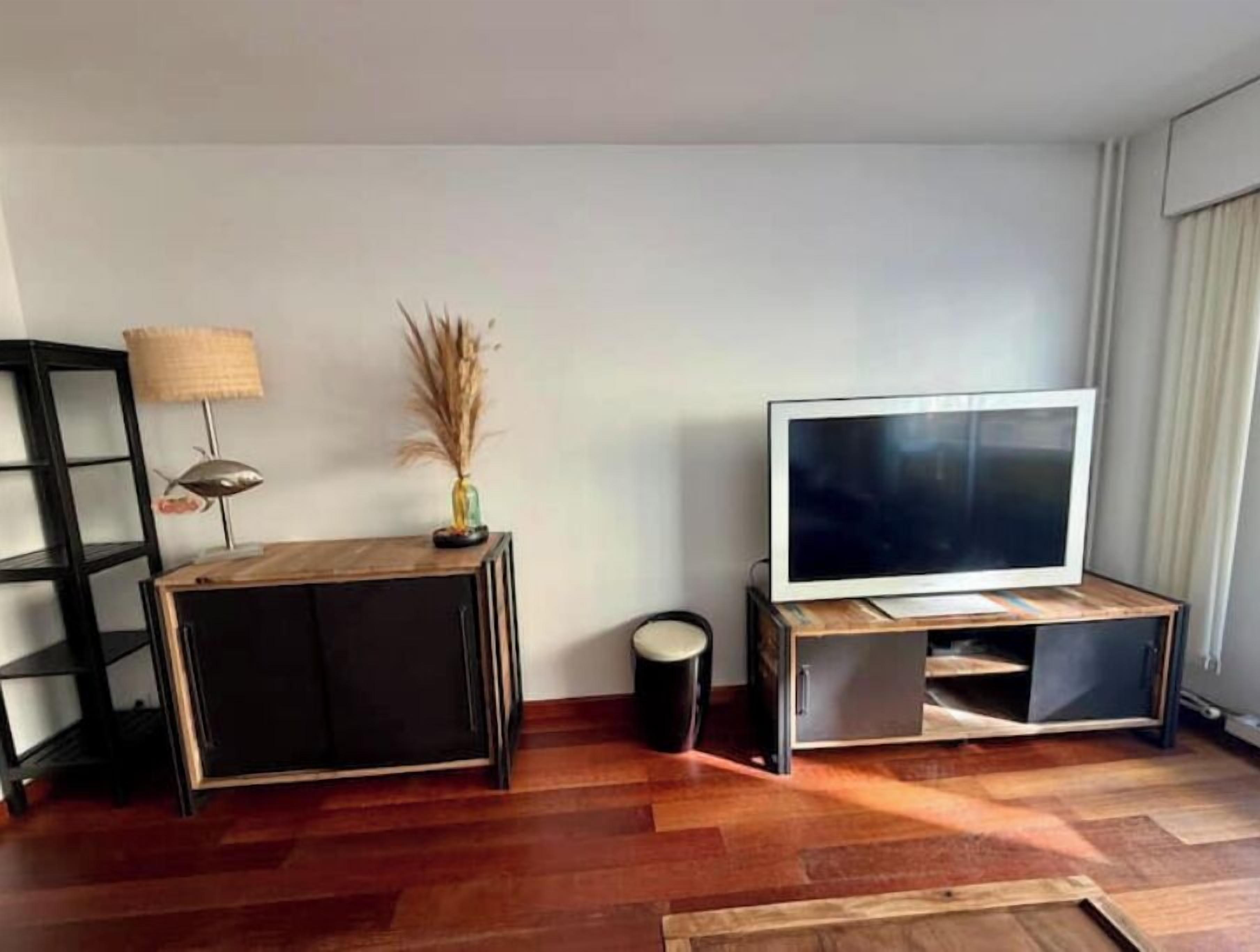 A living room with a wooden floor, a TV on a wooden stand, a lamp, and a vase with dried plants.