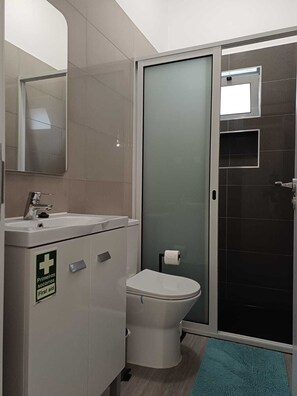 Une salle de bain moderne équipée d’un lavabo, de toilettes et d’une douche à parois de verre.