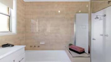 Hair dryer, bidet, towels, soap