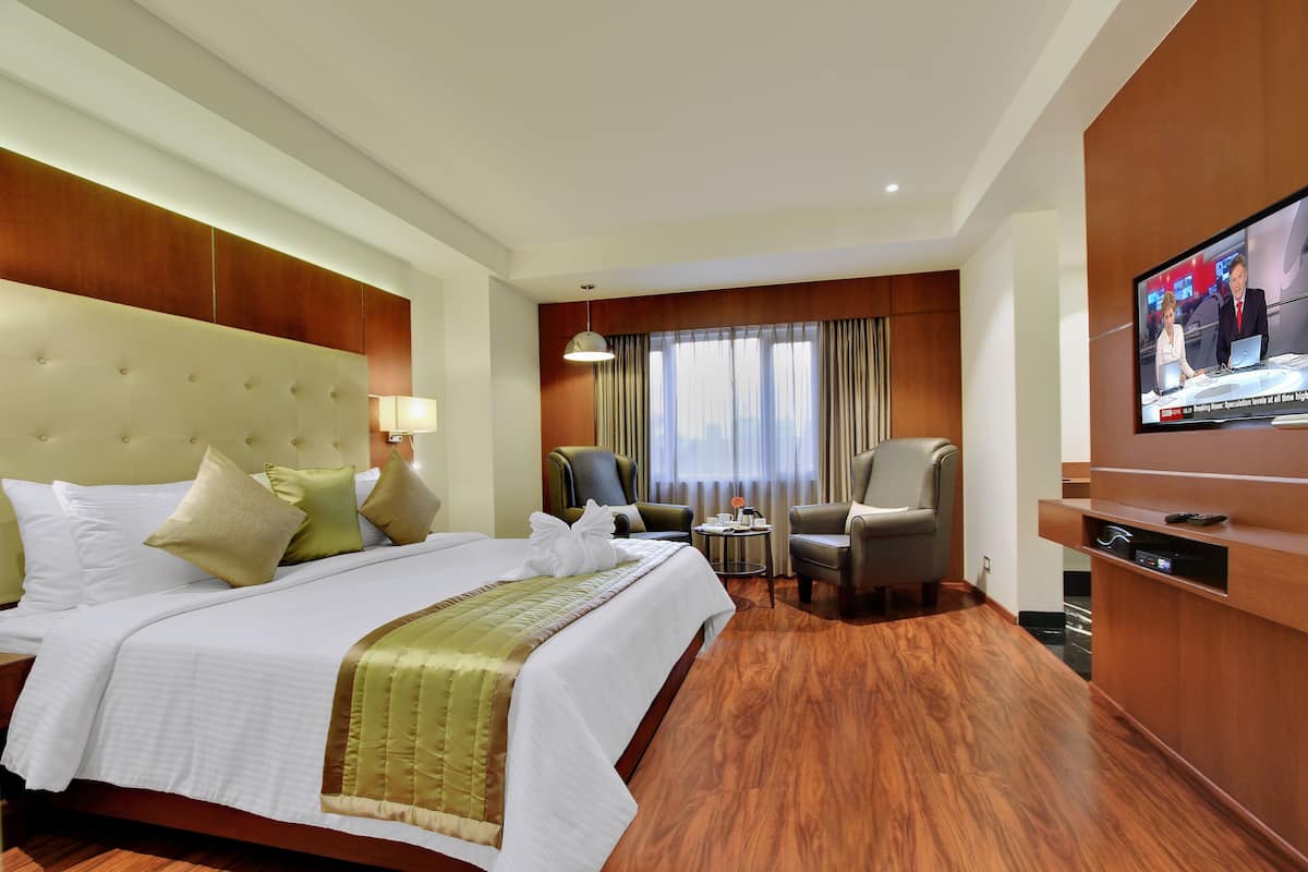 Habitación de hotel con una cama grande, televisión, escritorio con silla y vistas a la ciudad desde la ventana.