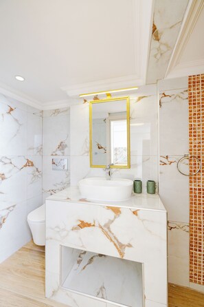 Casa de banho com lavatório de mármore, lavatório branco, espelho com moldura dourada e sanita.